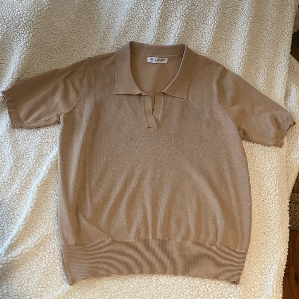 Women’s Short-Sleeve Polo Sweater in Beige